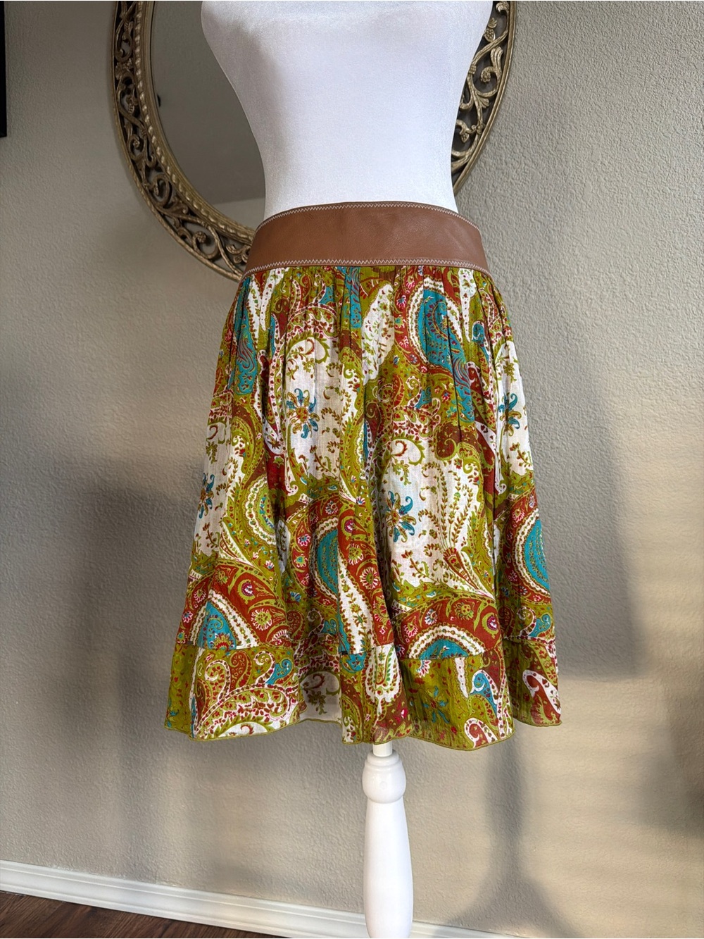 Etcetera Multicolor Paisley Skater Skirt with Brown Waistband